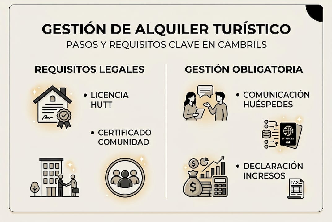 Todo lo que necesitas saber para alquilar tu vivienda turística en Cambrils: requisitos y trámites en una infografía práctica.
