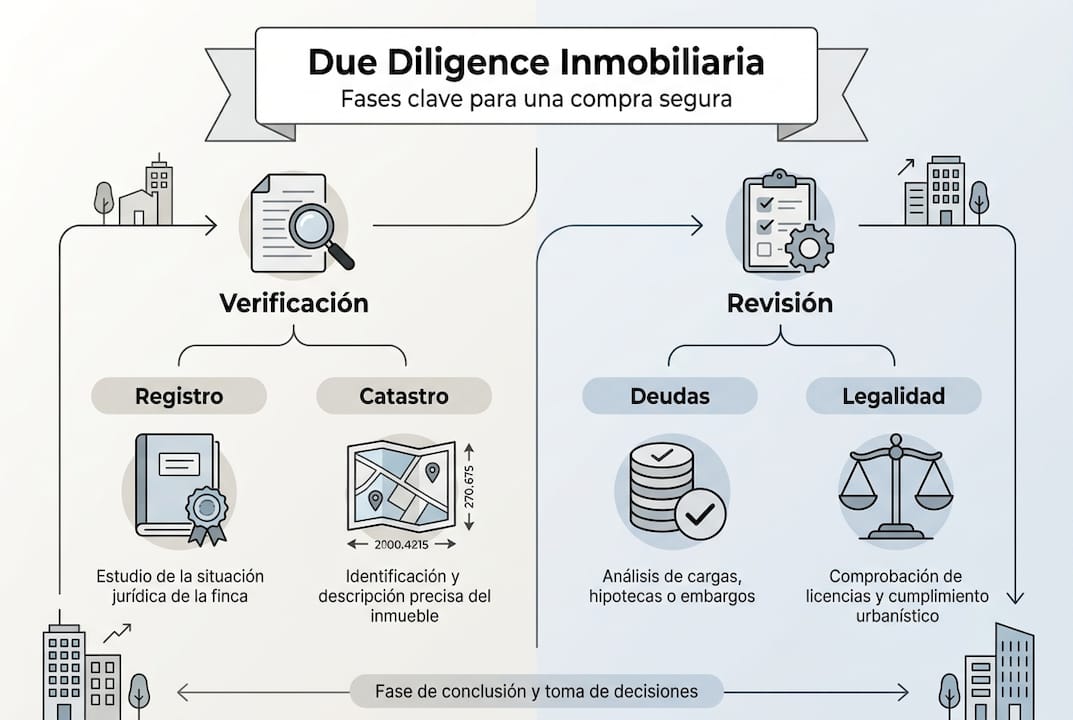 Infografía sobre las etapas clave del proceso de due diligence legal