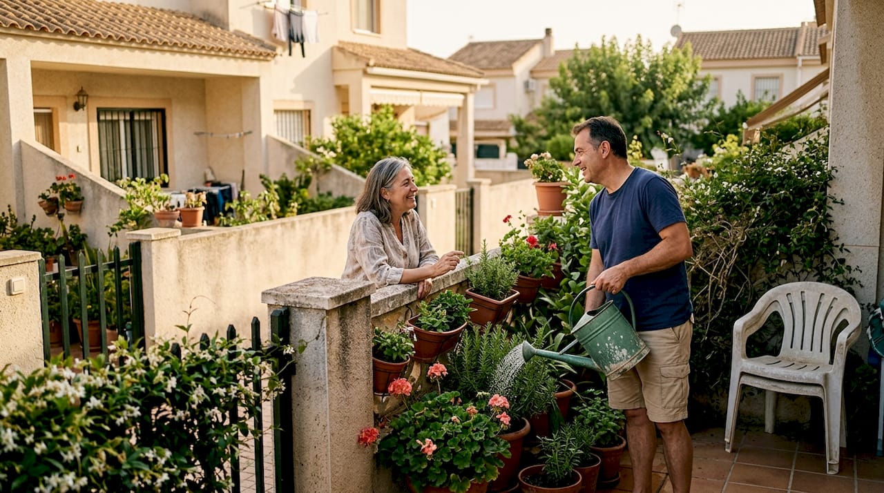 Los vecinos aprovechan las terrazas de sus casas adosadas para charlar y pasar un buen rato juntos.