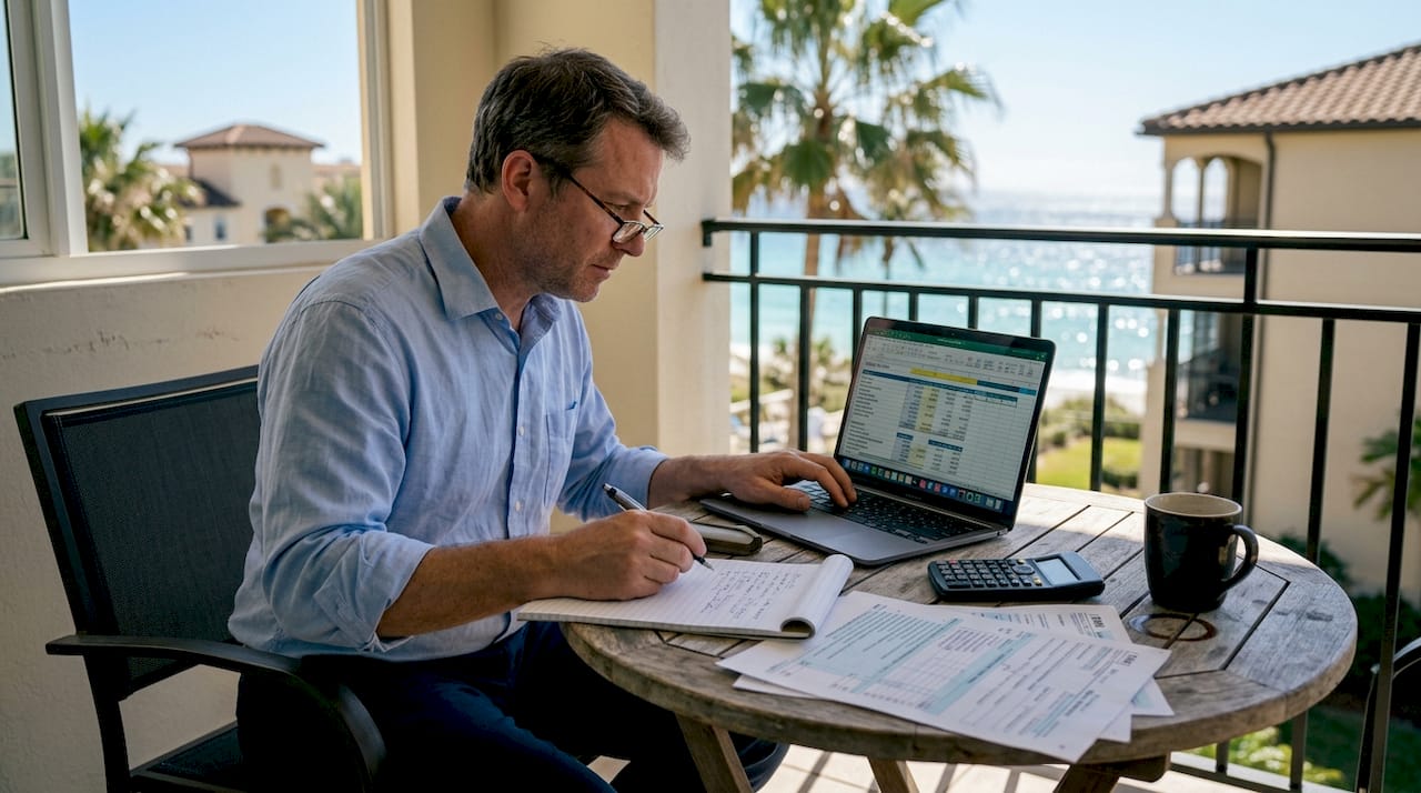 Advisor reviews luxury property costs on balcony