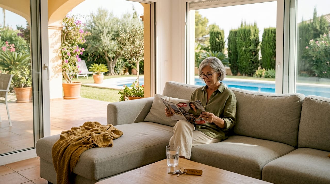 Salón de una villa con vistas al jardín y presencia de uno de sus residentes