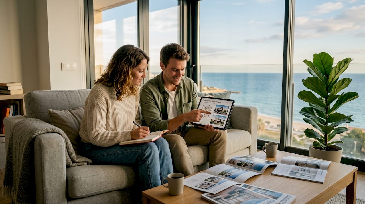Una pareja analiza los planos de su nuevo hogar mientras disfruta de unas impresionantes vistas al mar desde el salón.