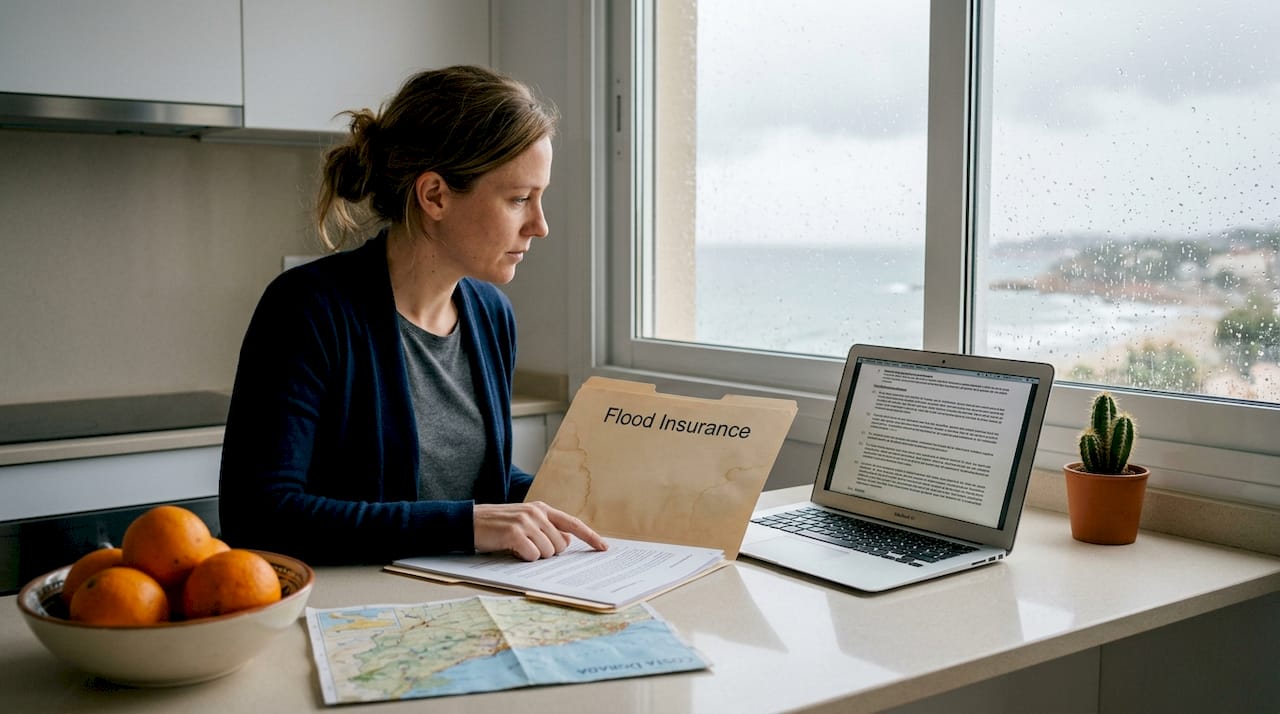 Property manager reviewing flood insurance paperwork