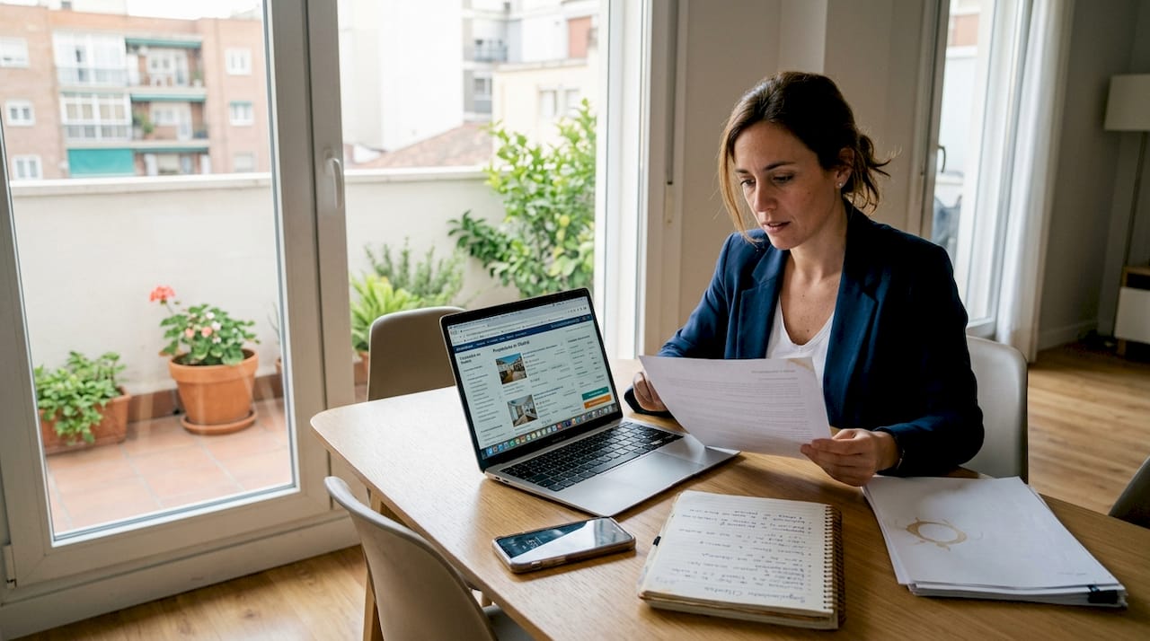 Consultora inmobiliaria analizando la documentación de una inversión