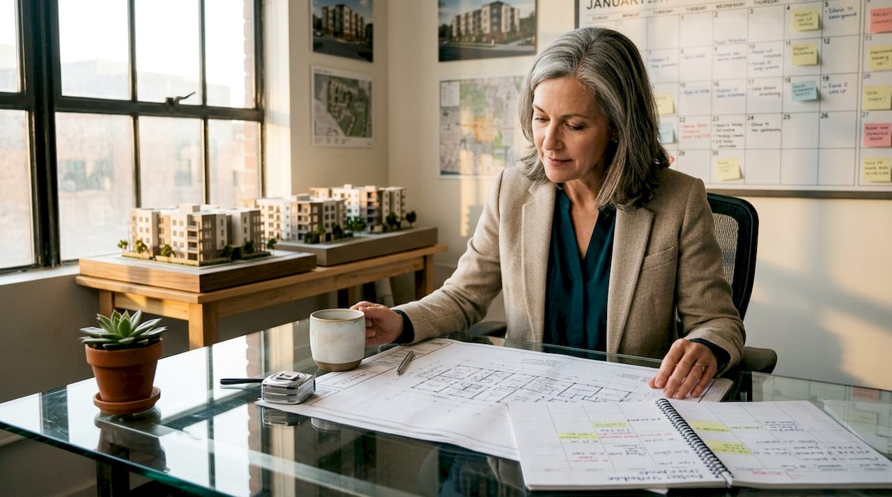 Developer examining boutique apartment plans and schedule