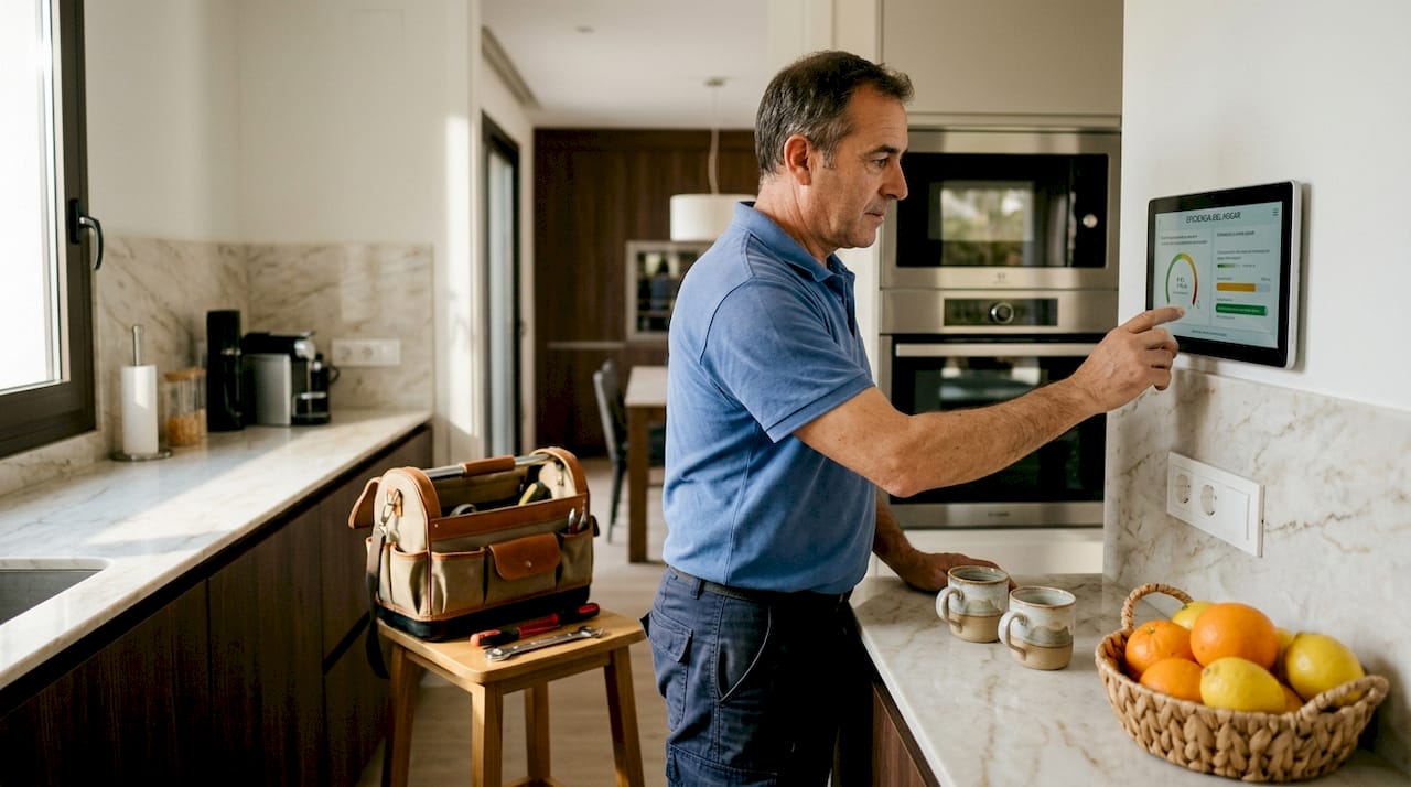 Un técnico revisa el sistema eléctrico en una cocina de lujo.