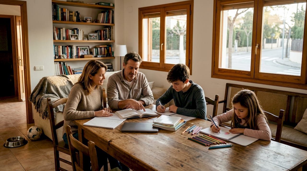 Family in Costa Dorada chalet living room