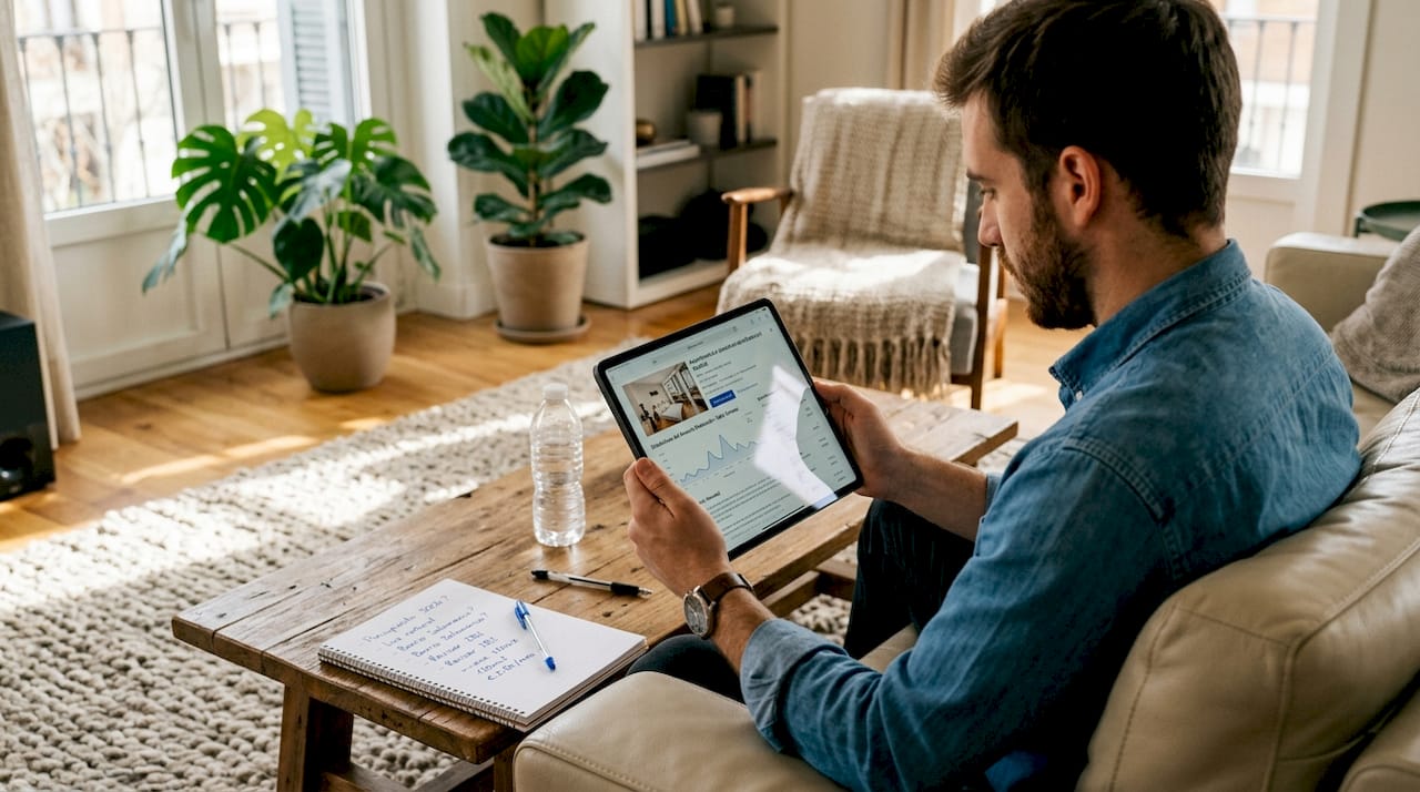 Un cliente revisa la información de un anuncio destacado desde su tablet.