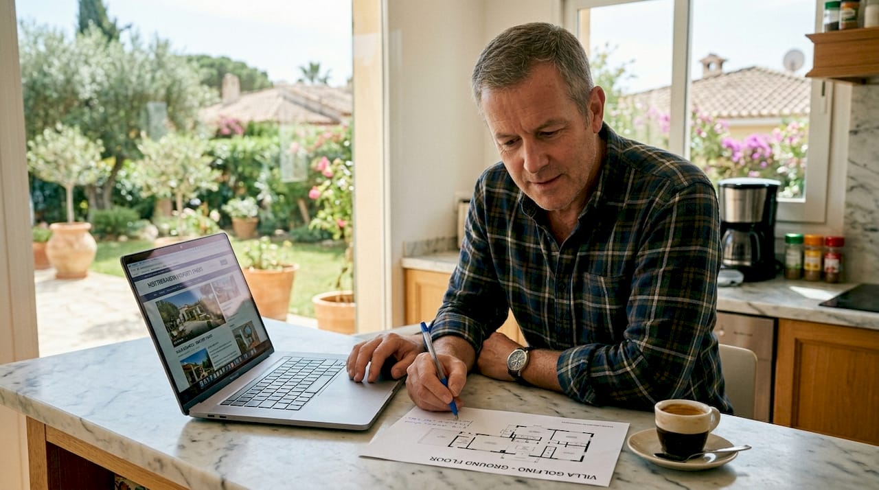 Investor researching Cambrils villa listings in kitchen