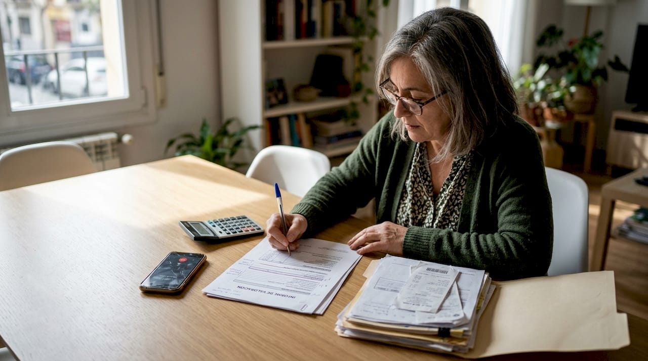 Una mujer repasa un informe sobre bienes raíces mientras está sentada en el comedor.