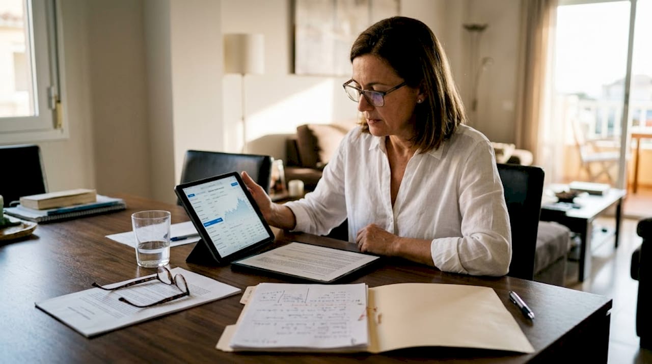 Investor reviewing reports at dining table