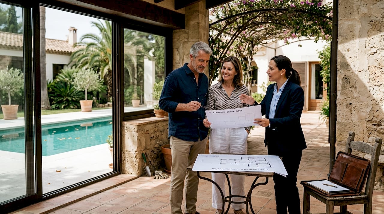 Couple and agent review villa floor plans