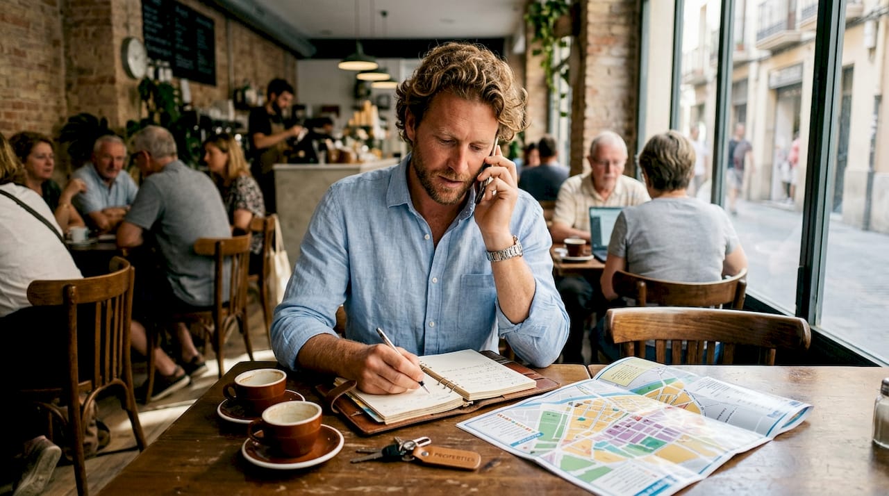 Agent on call with keys and planner in café