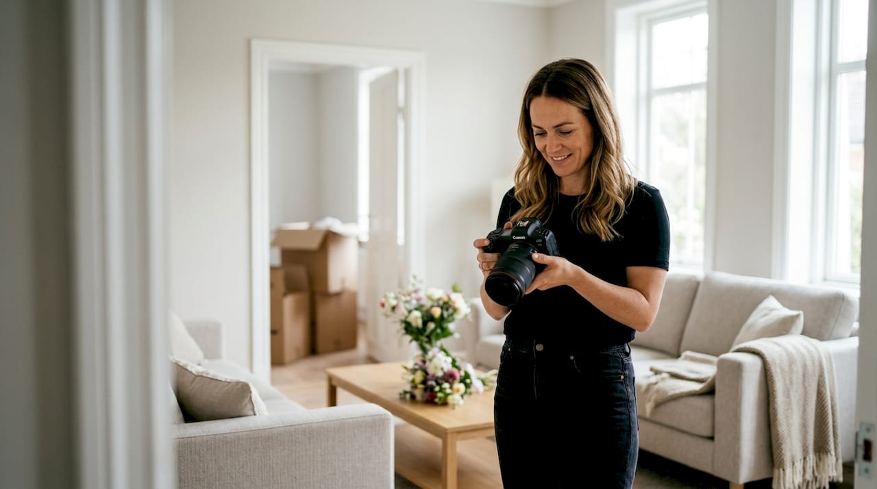 Fotógrafa organizando el salón principal de una vivienda de lujo para la sesión de fotos
