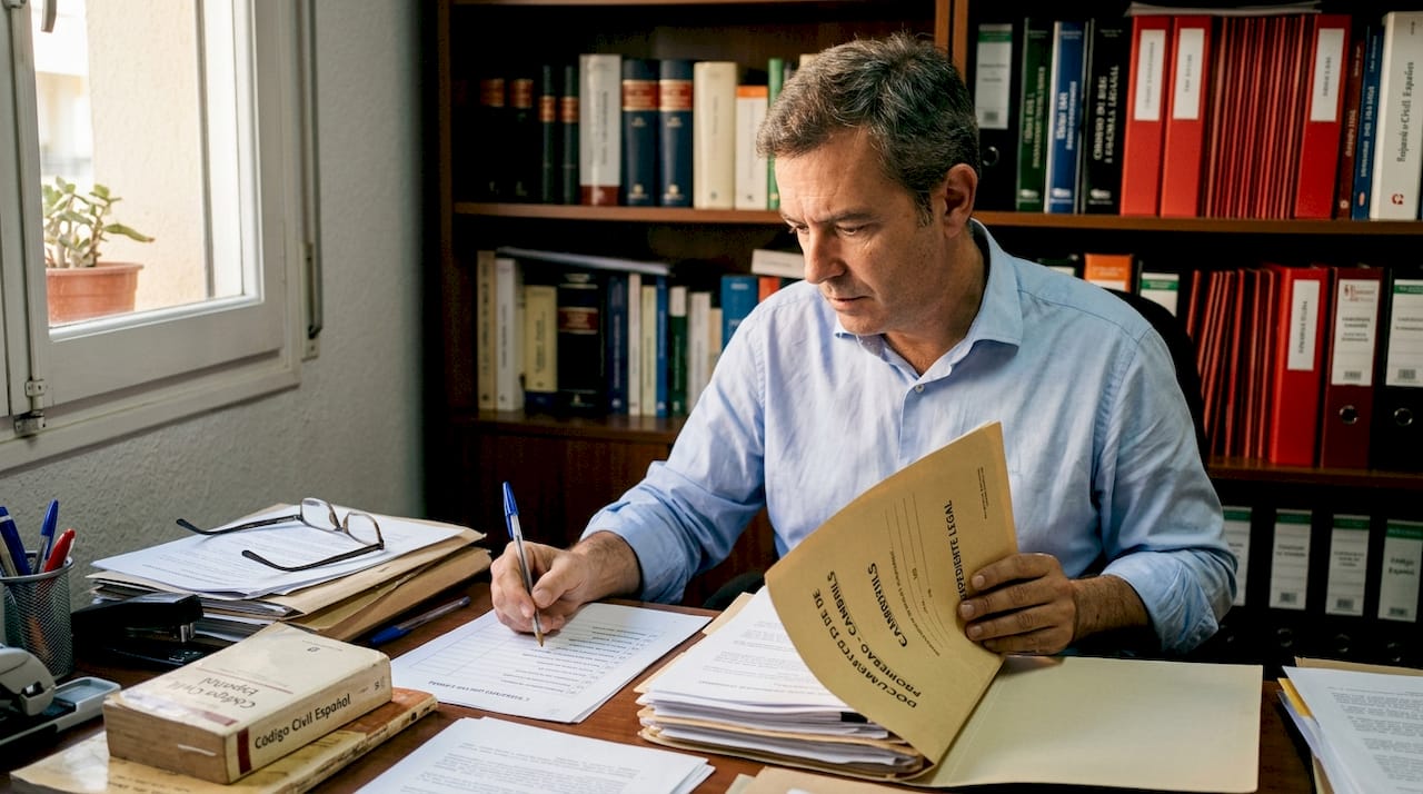 Lawyer checking property documents in office