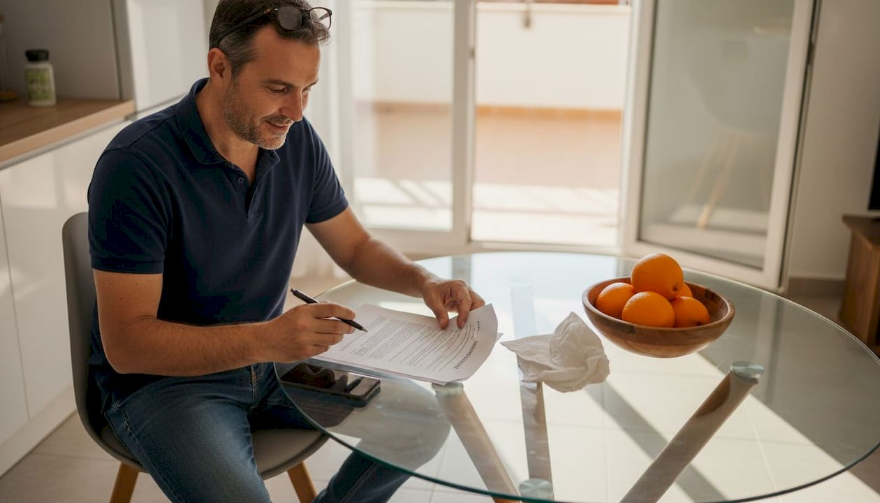 Man reviewing real estate contract at table