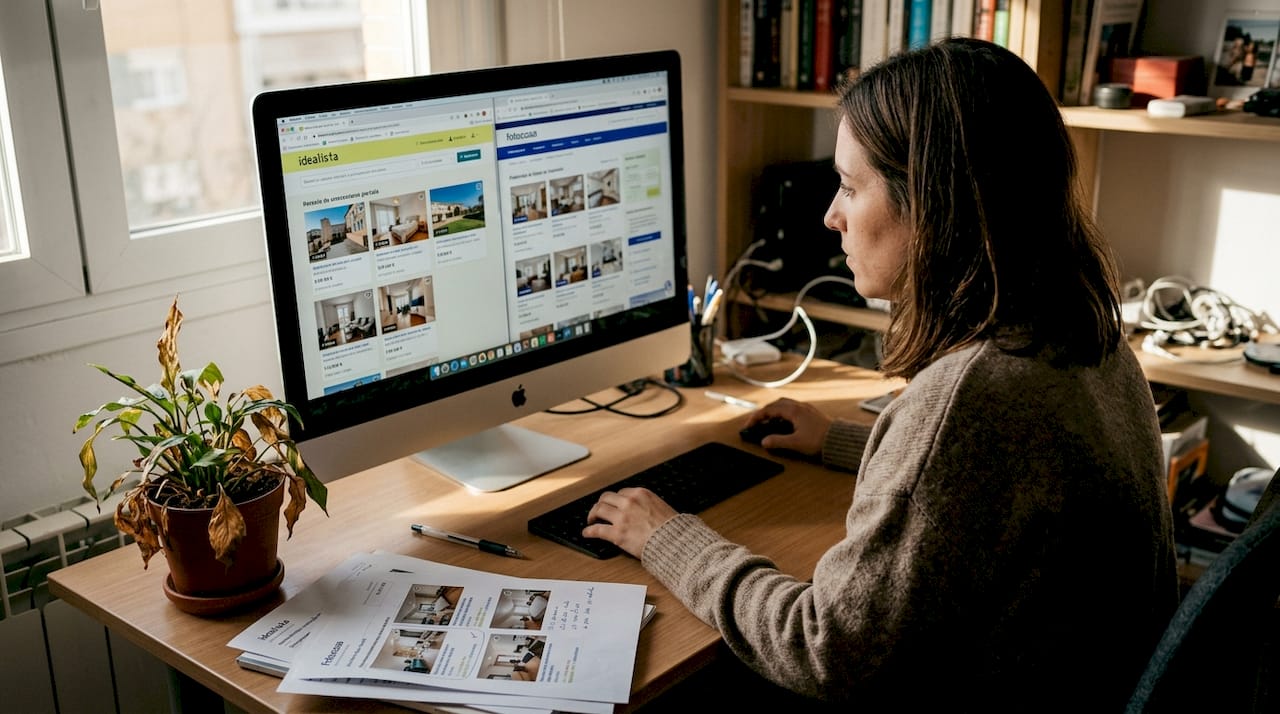 Mujer revisando diferentes páginas web de viviendas en su ordenador para comparar opciones