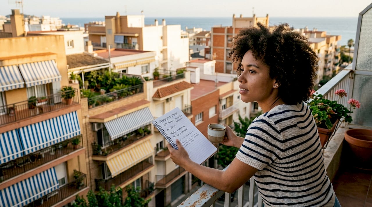 Una mujer observa y compara distintas viviendas desde el balcón en Costa Dorada.