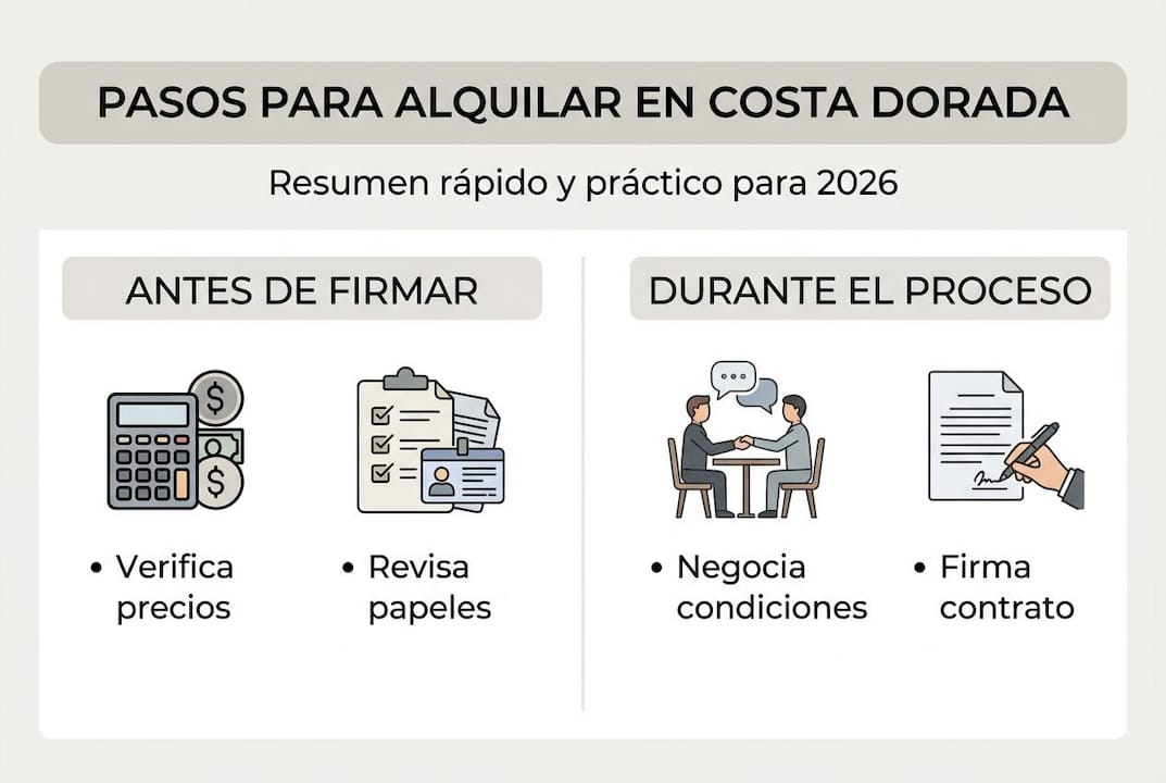 Guía visual con consejos prácticos para alquilar en la Costa Dorada