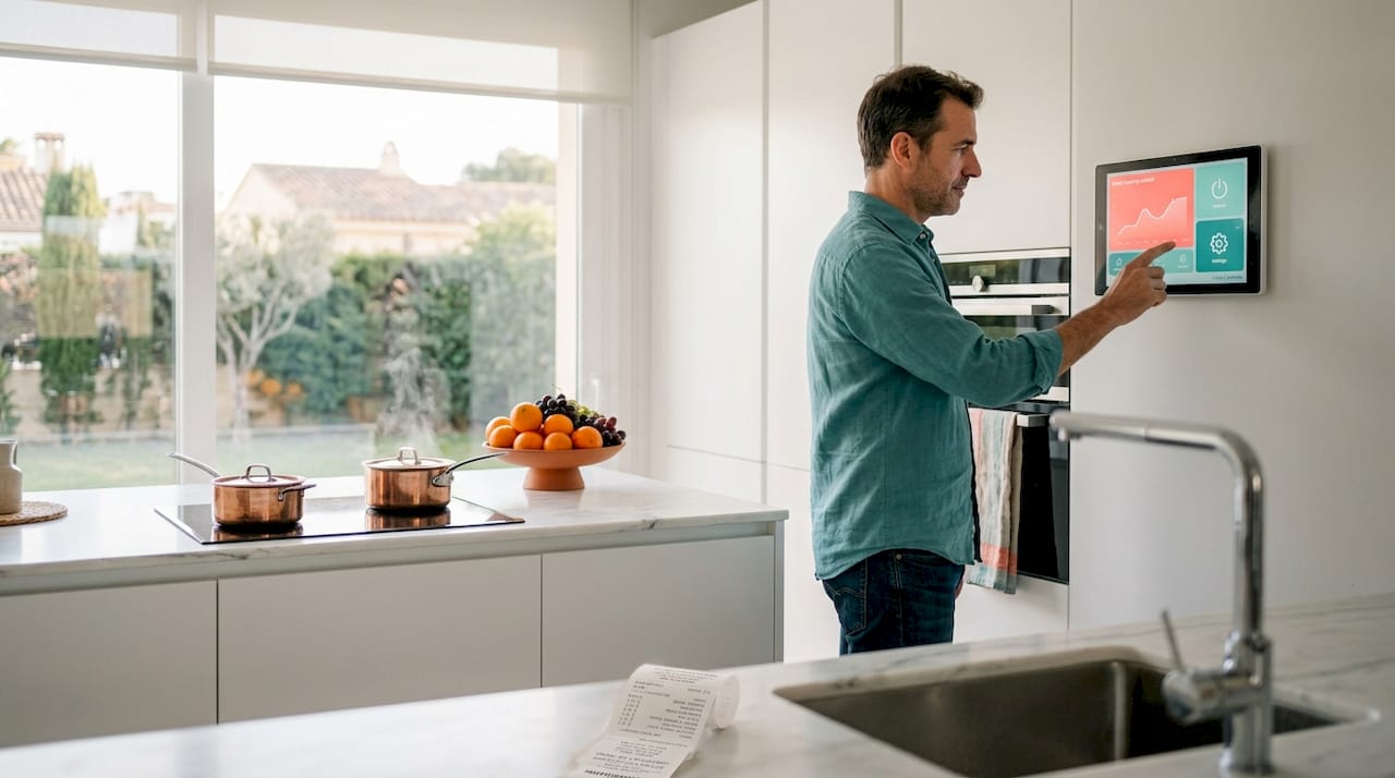 Man uses smart home controls in luxury kitchen