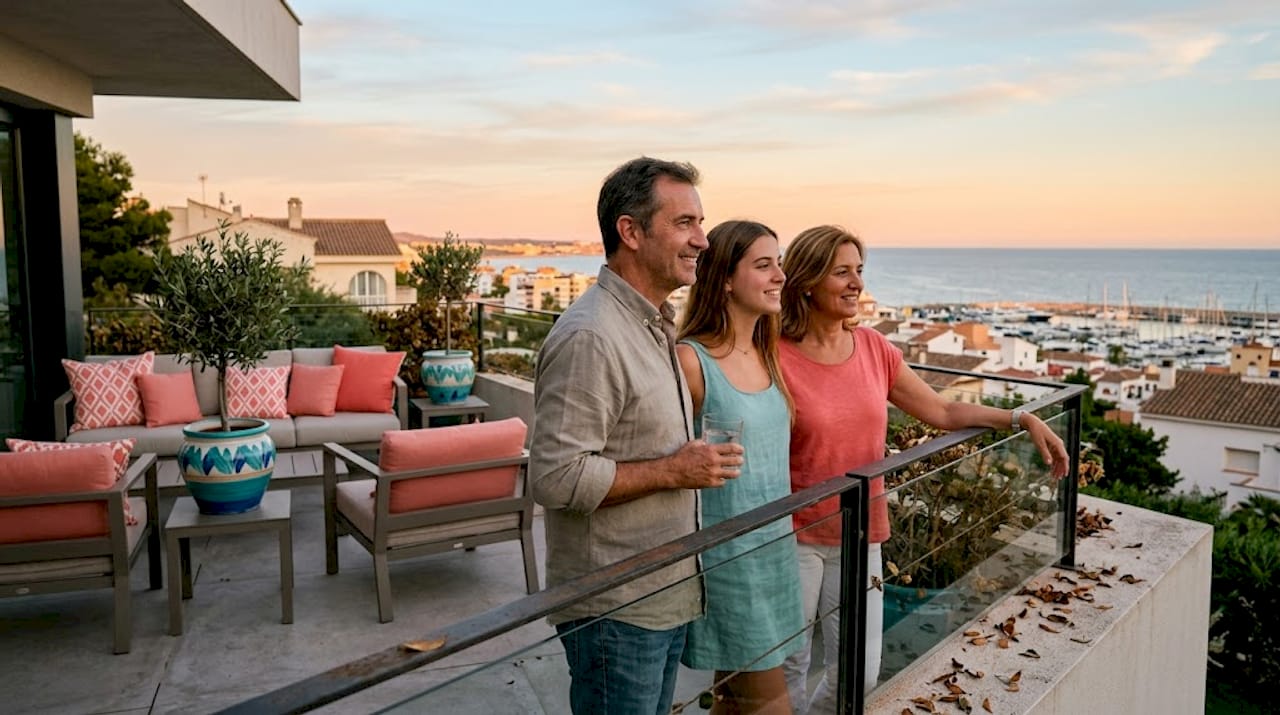 Familia disfrutando en la terraza de una casa exclusiva con vistas al mar