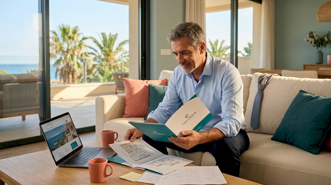 Cliente repasando la documentación de la compra de su vivienda en una sala de reuniones.