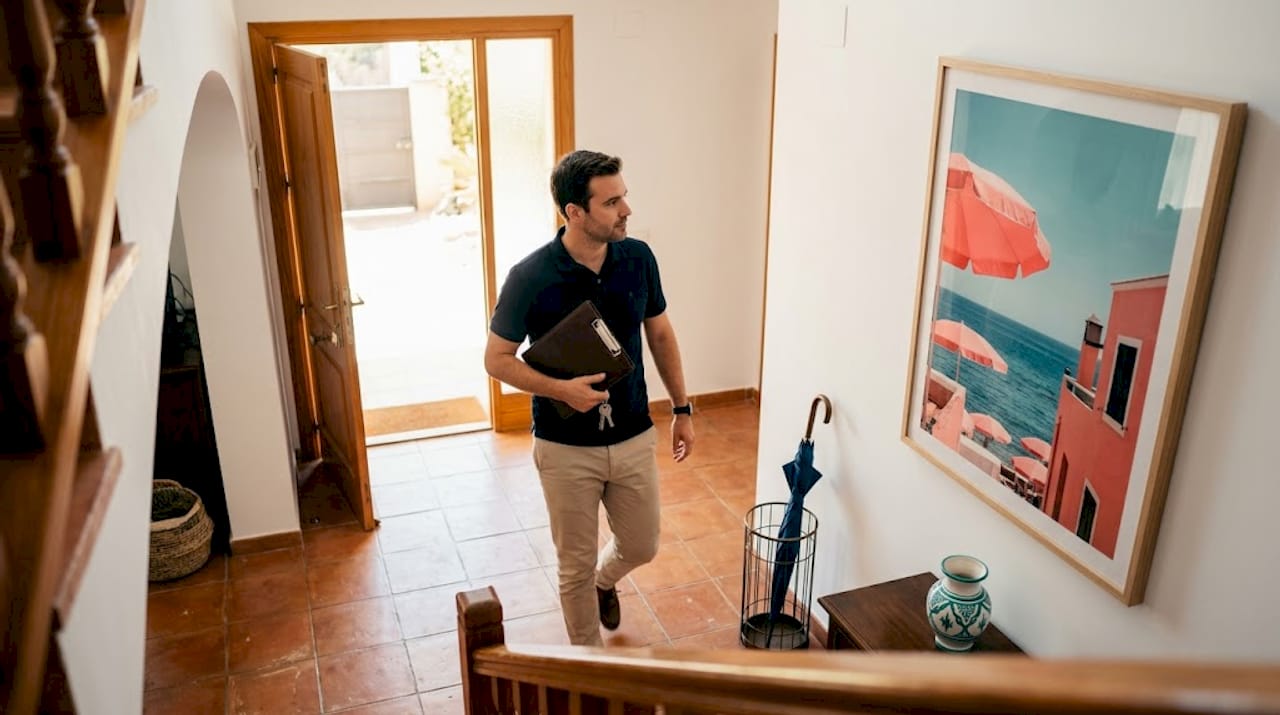 Property manager entering bright villa hallway