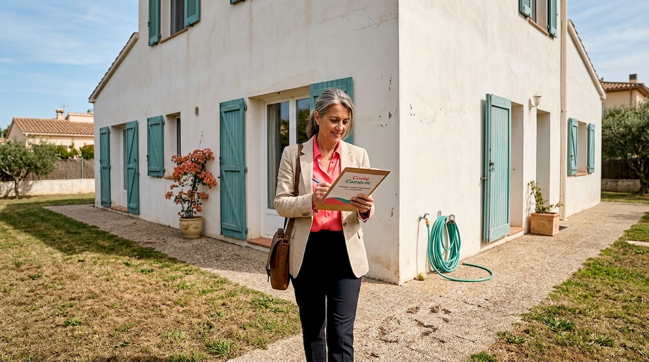 Agent checks villa exterior property details