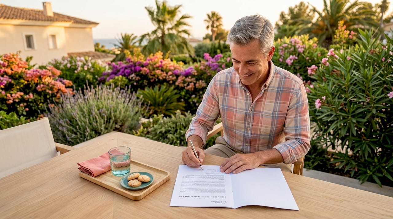 Hombre firmando un contrato en una exclusiva villa.