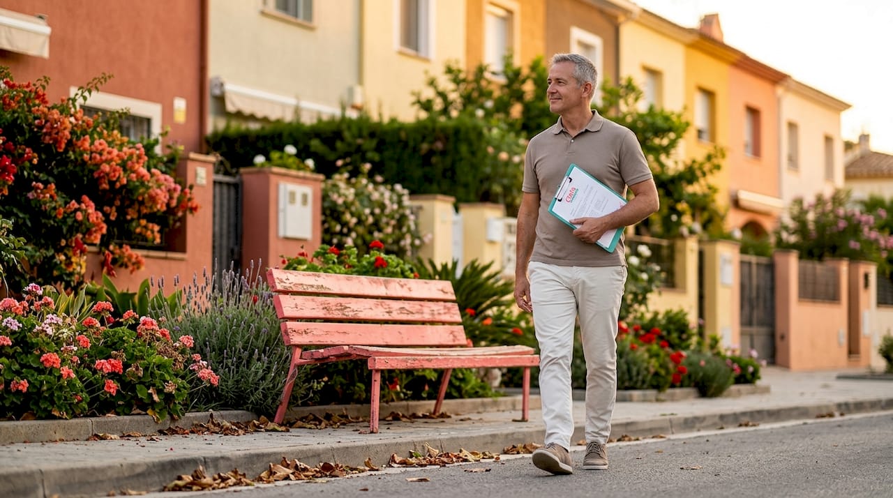 Agente inmobiliario revisando la zona de viviendas