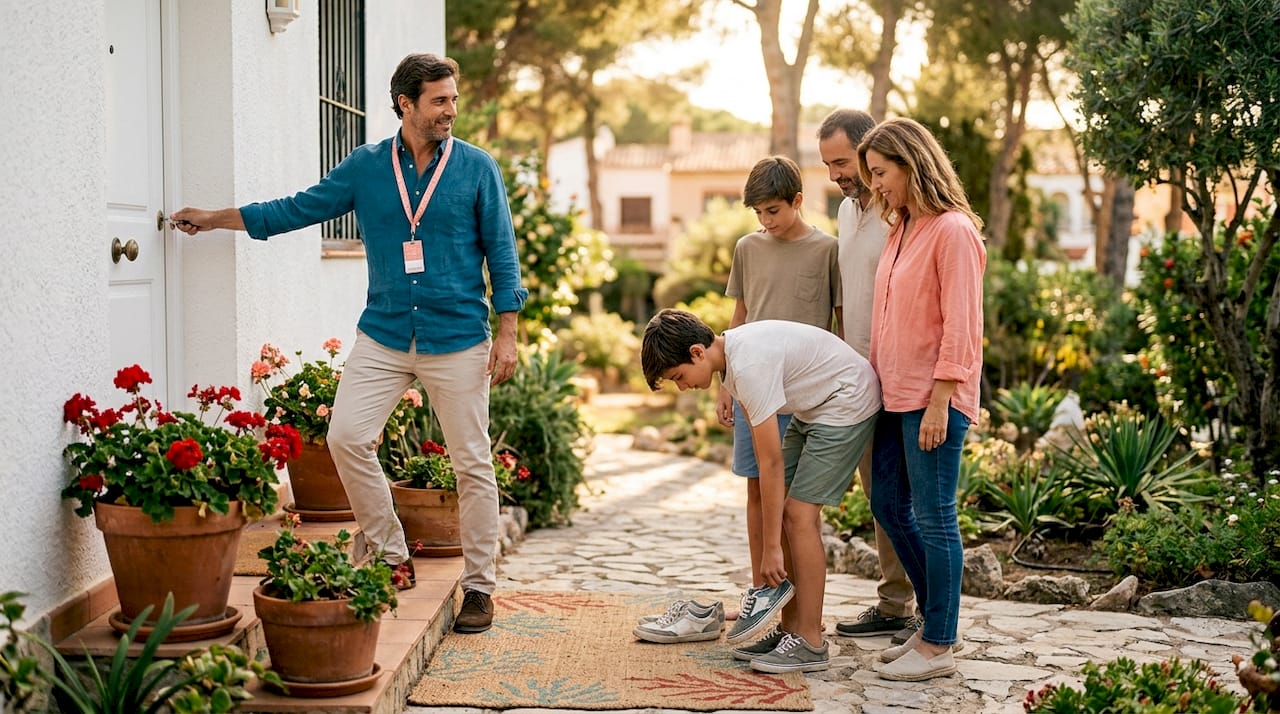 Una familia visita un chalet acompañada por el agente inmobiliario.