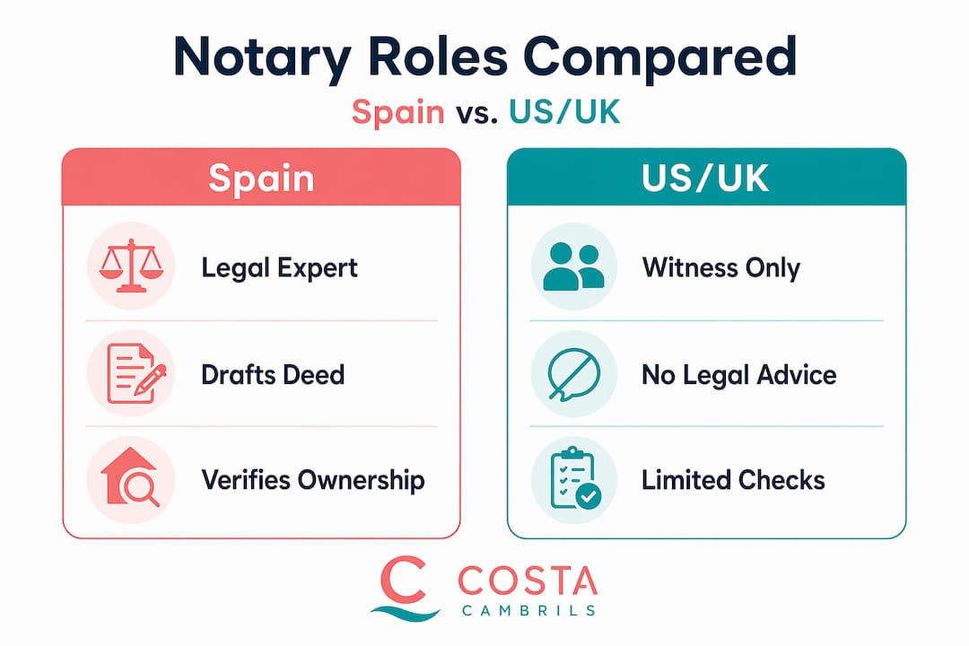 Infographic comparing Spanish and US UK notary roles