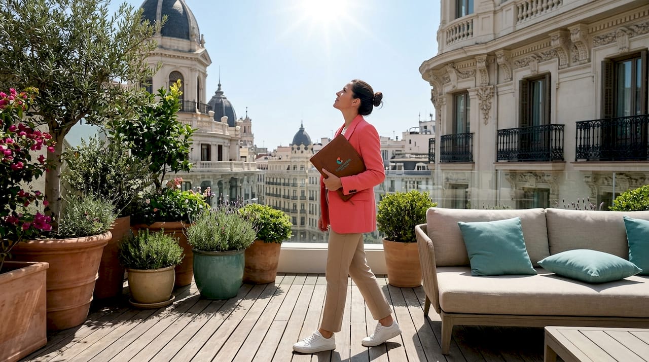 Agente inmobiliaria revisando la terraza de un piso exclusivo en Madrid
