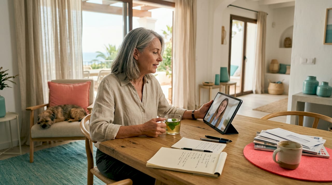 Homeowner consults concierge, relaxed living room