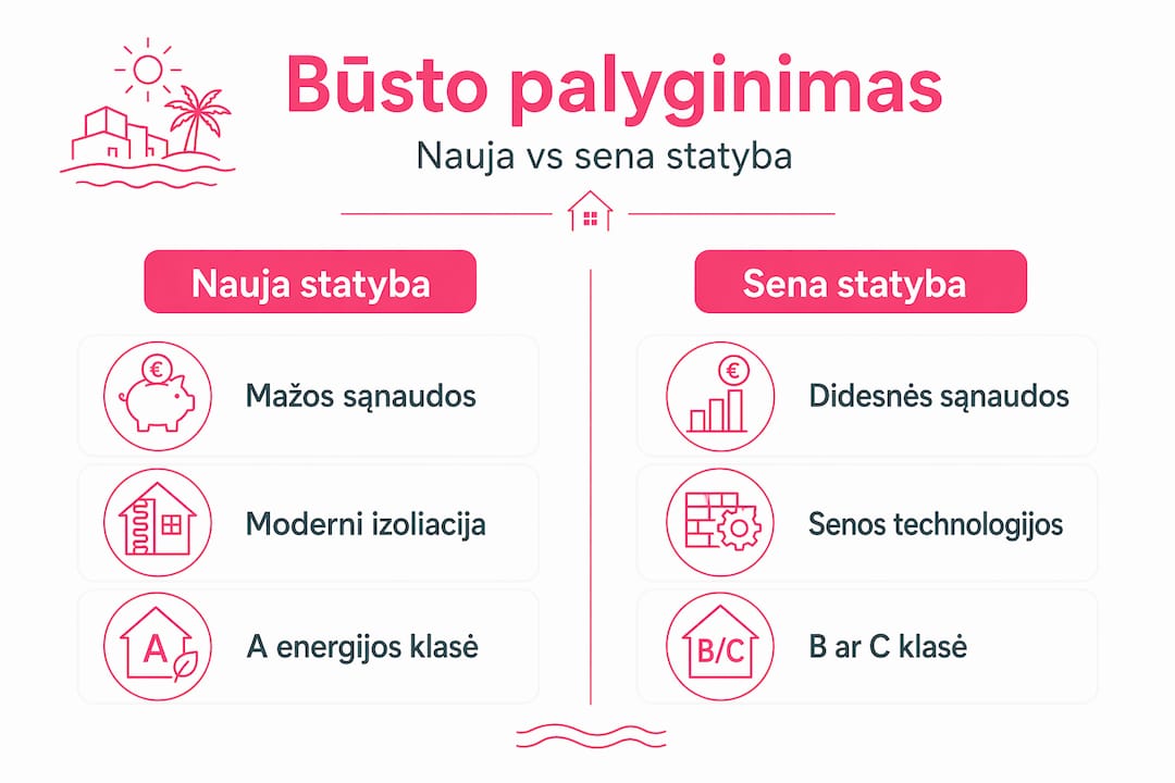 Infografikas: naujos ir senos statybos būstų palyginimas Cambrils mieste