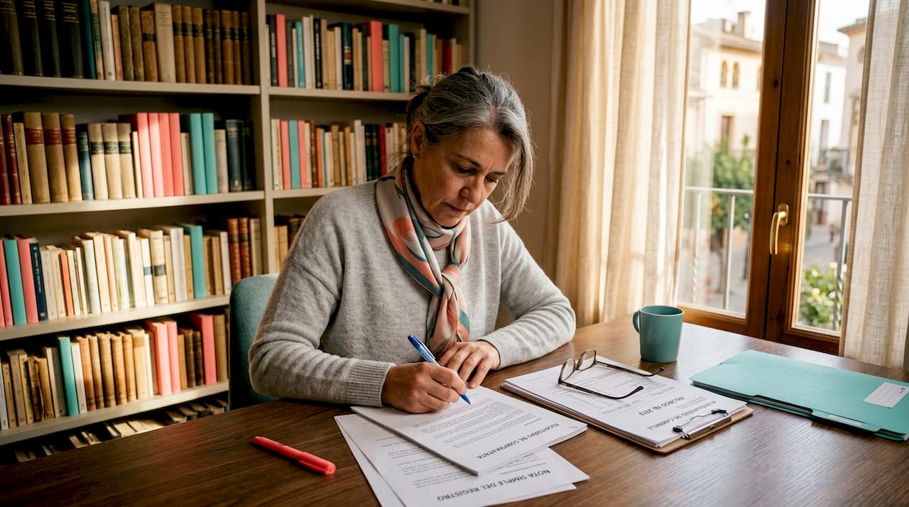 Abogada especializada en derecho inmobiliario revisando contratos y documentación legal de propiedades.