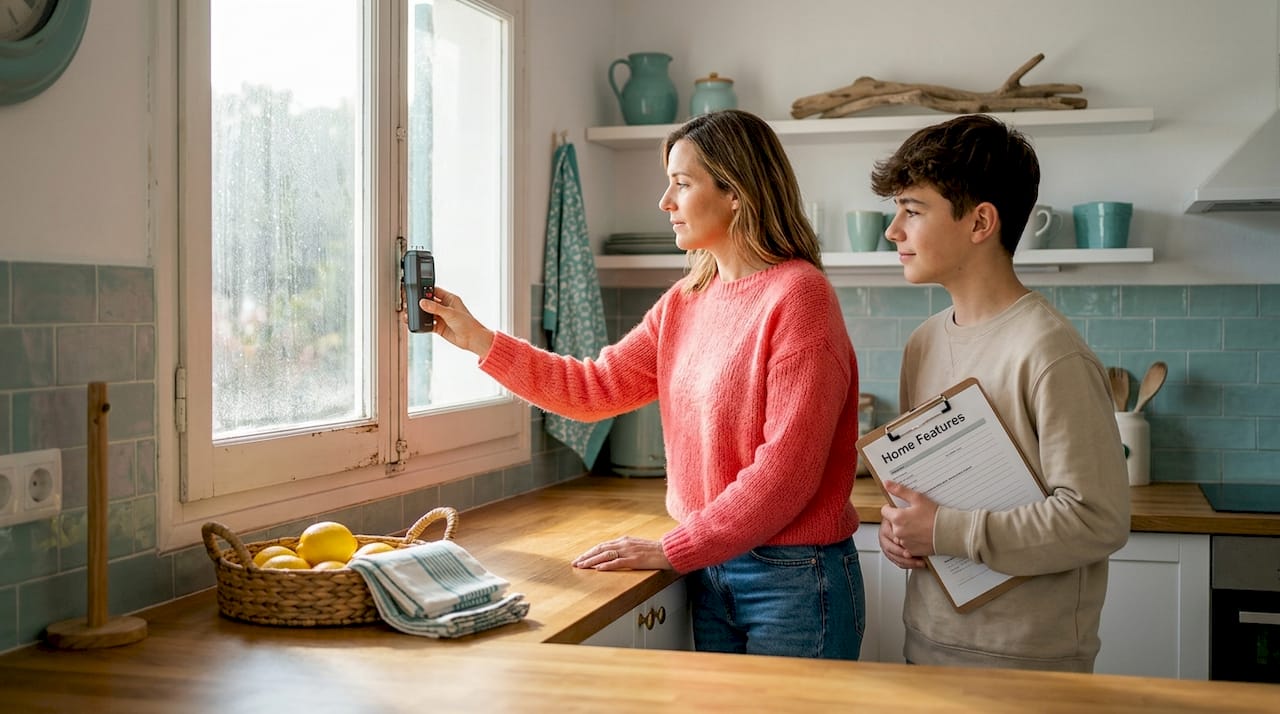 Family inspecting coastal home features
