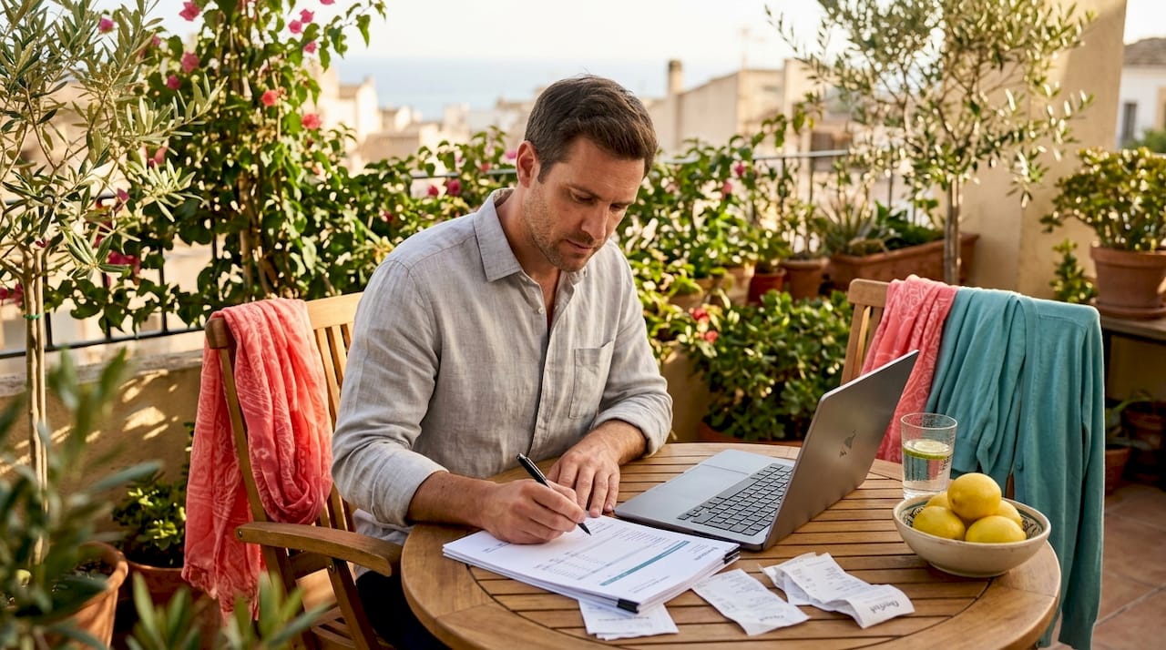 Man reviews community finances at sunny dining table