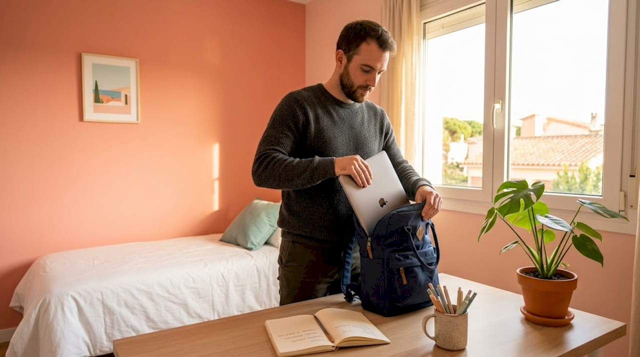 Un expatriado acomodándose en su nueva habitación