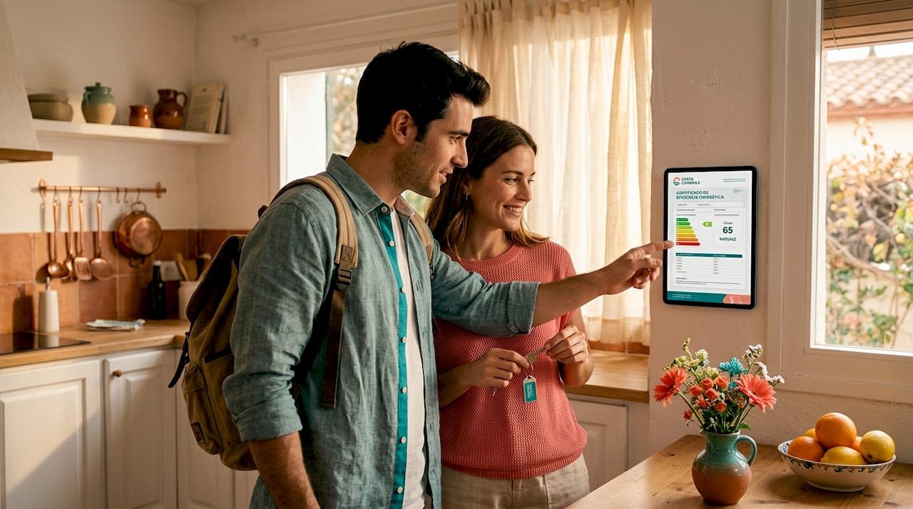Una pareja revisa en casa su certificado energético digital