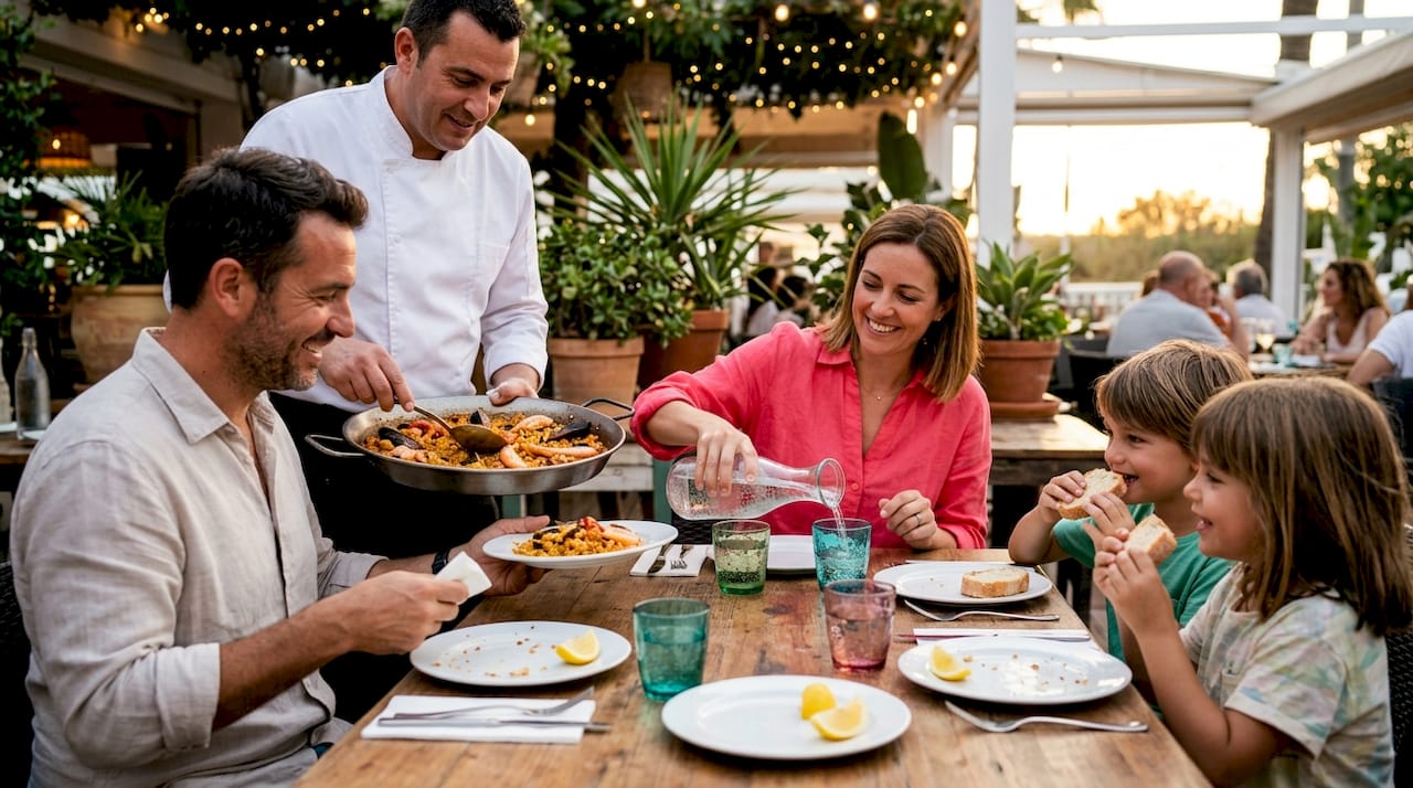 Šeima mėgaujasi vakariene lauko terasoje viename iš Cambrils restoranų.