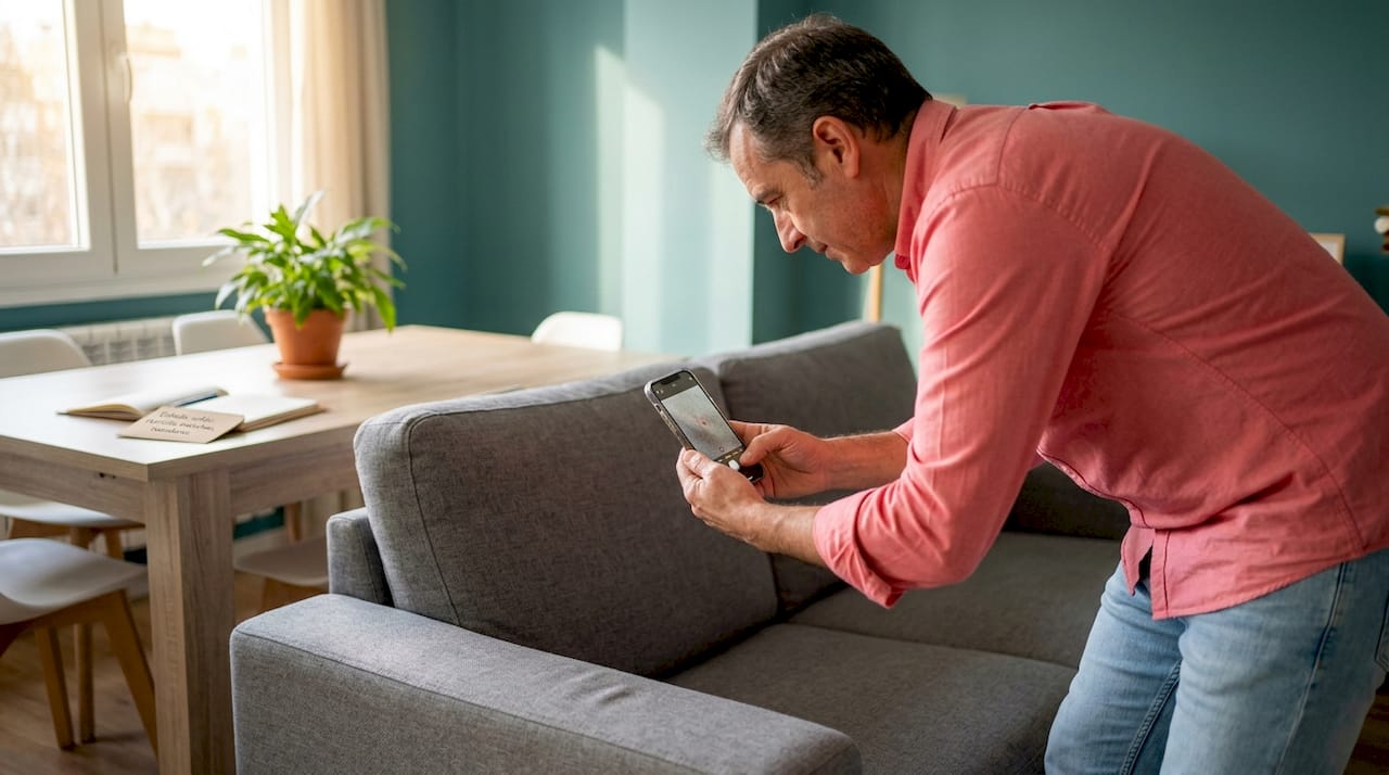 Hombre tomando fotos del mobiliario en un alojamiento turístico