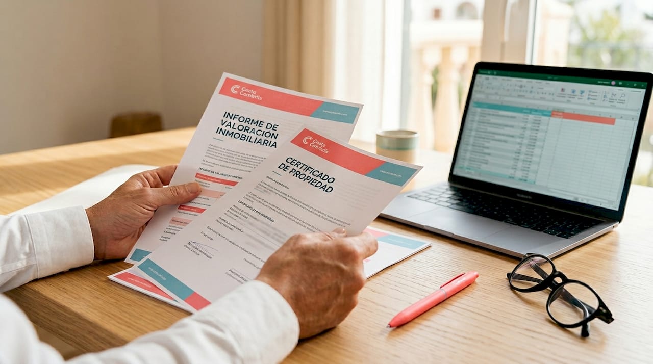 Manos revisando documentos de tasación inmobiliaria
