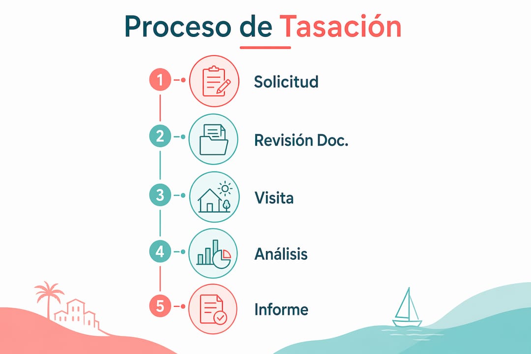 Infografía con las etapas clave del proceso de tasación inmobiliaria, explicadas en español