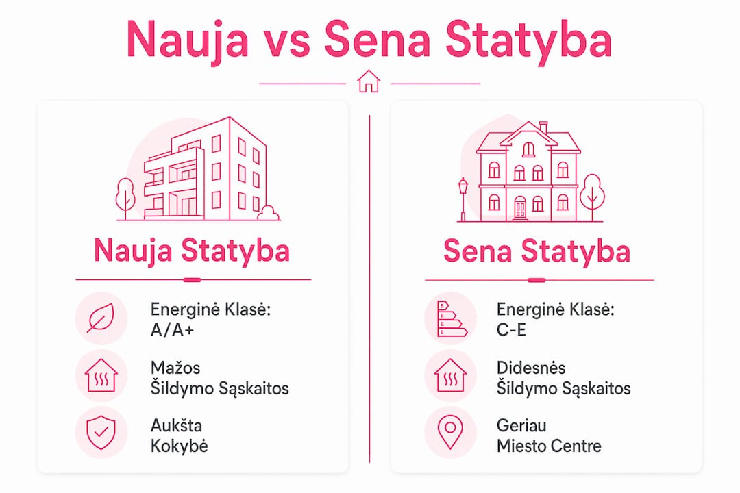 Vizualiai pateikiame pagrindinius naujos ir senos statybos būstų skirtumus – su svarbiausiomis savybėmis, kurios padės lengviau apsispręsti renkantis namus.