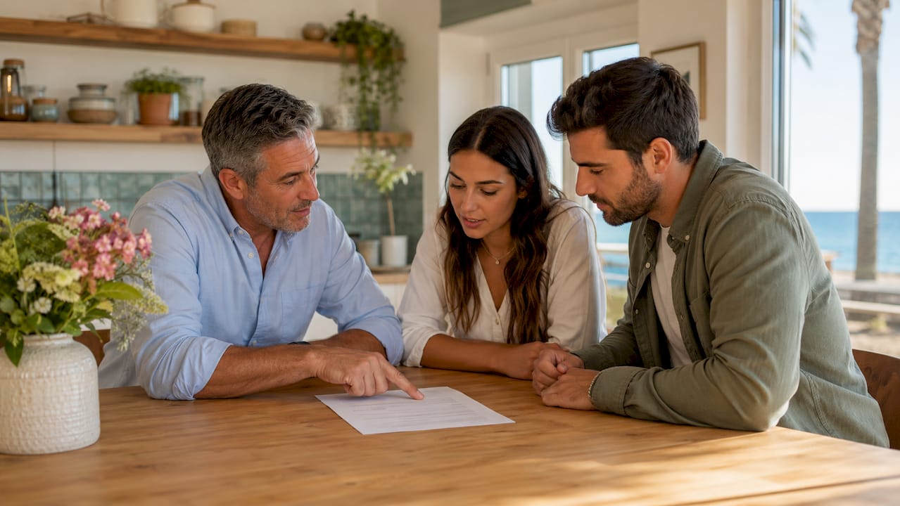Landlord explaining rental contract terms to couple