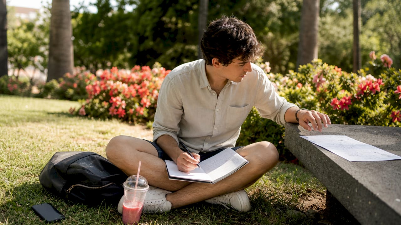 Overhead view of buyer reviewing land registry copy outdoors