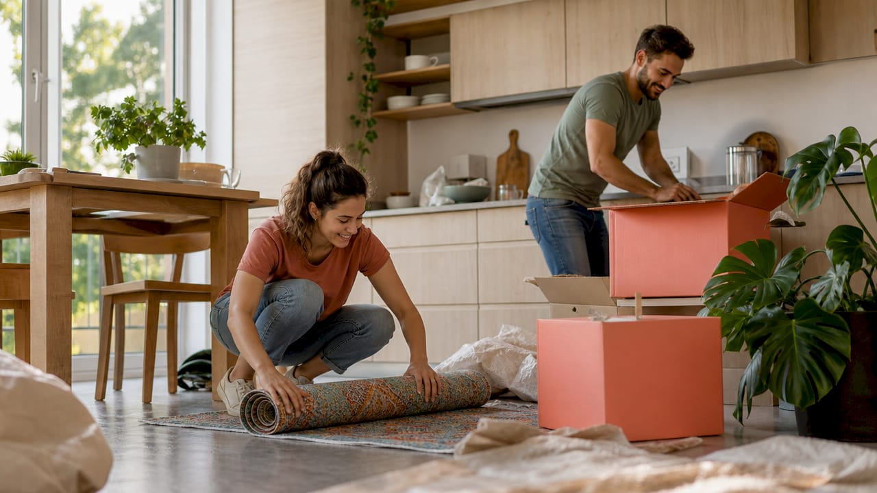 Couple decluttering home packing boxes