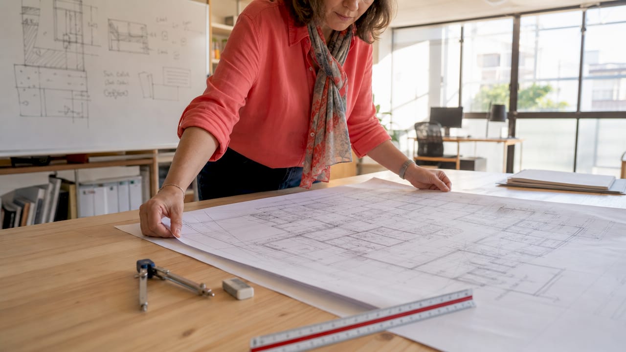 Manos sosteniendo el plano de una vivienda exclusiva