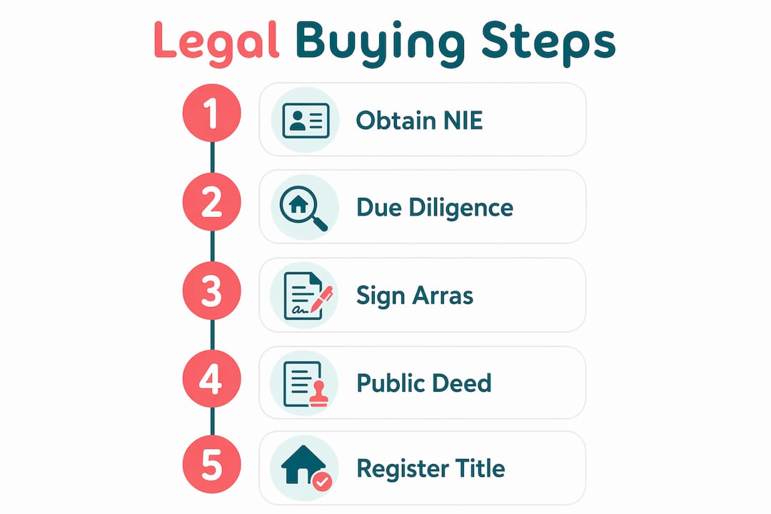 Infographic showing step-by-step legal property buying process in Spain